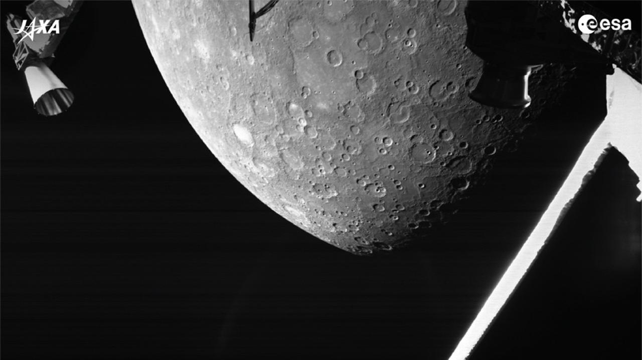 BepiColombo probe, ESA and JAXA.  The ship is approaching Mercury.  The first picture of the planet