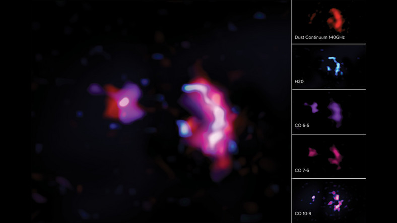 Images of a pair of galaxies SPT0311-58.  The water in the pictures is shown in blue. 