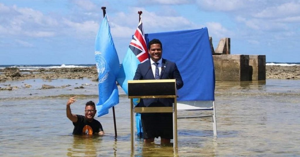 COP26 Glasgow, Tuvalu Minister speaking at sea