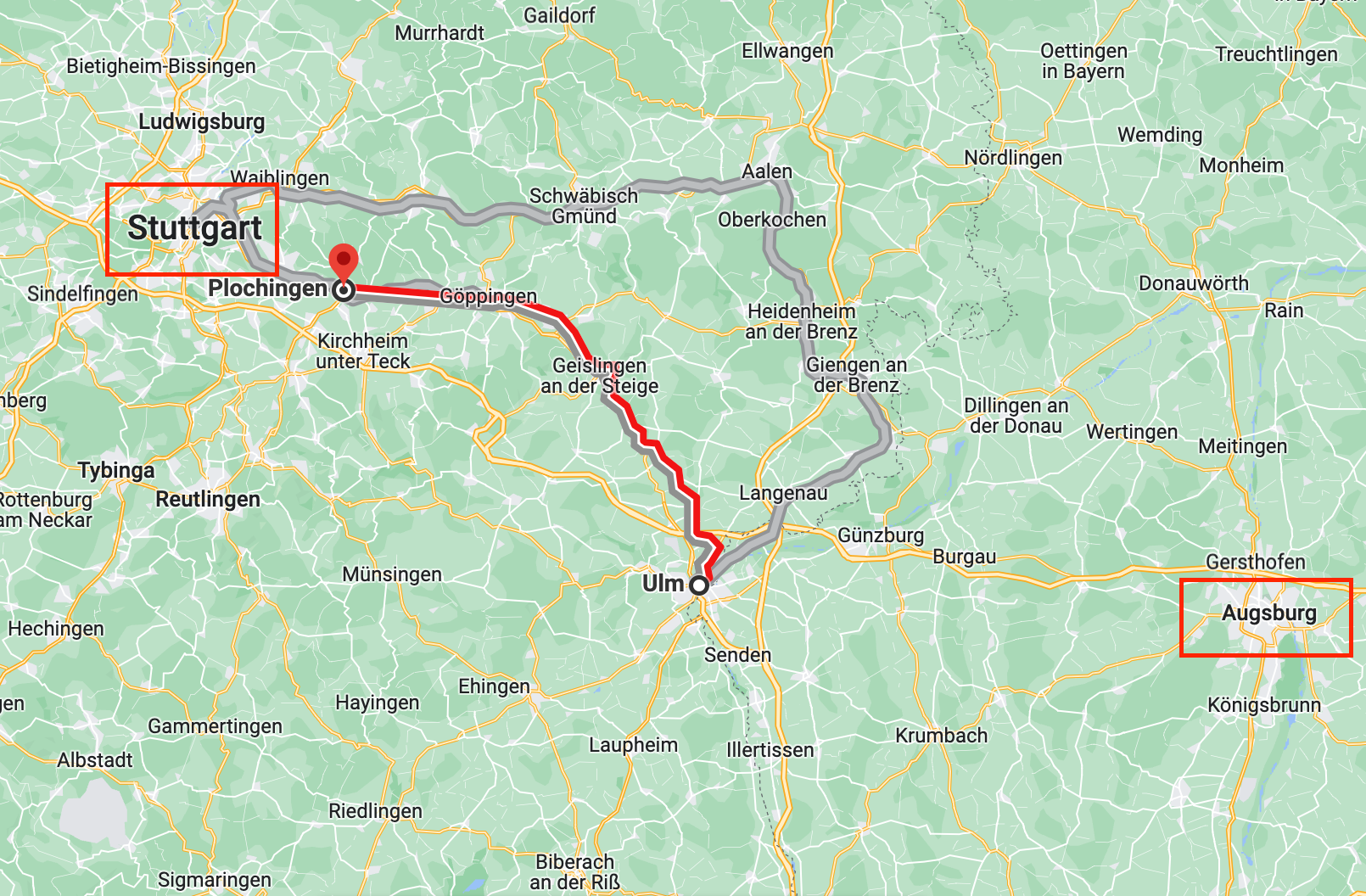 Train route from Ulm to Plochingen