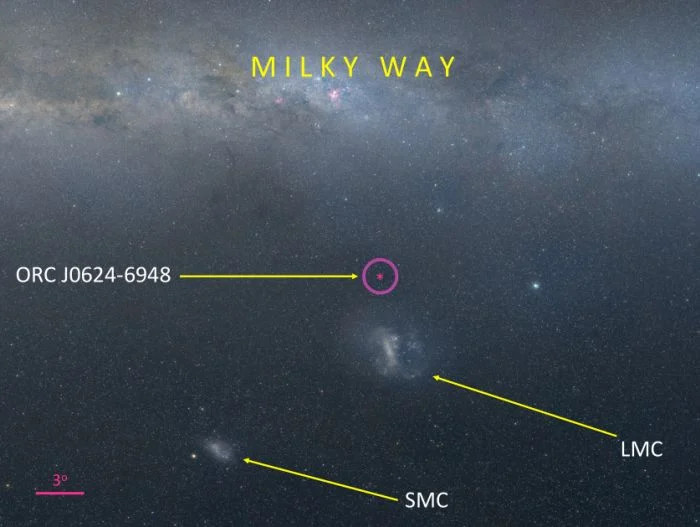     J0624–6948 is located between the Milky Way and the Large Magellanic Cloud 