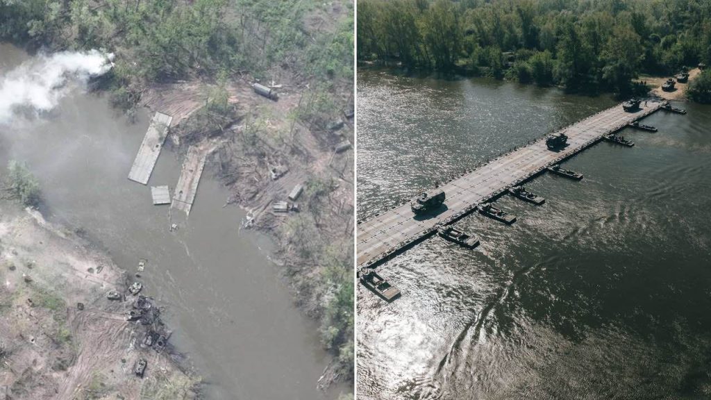 Z lewej: zniszczony rosyjski most na rzece Doniec; z prawej: amerykańska przeprawa przez Wisłę (fot. TT/USArmyEURAF; TT/DefenceU)