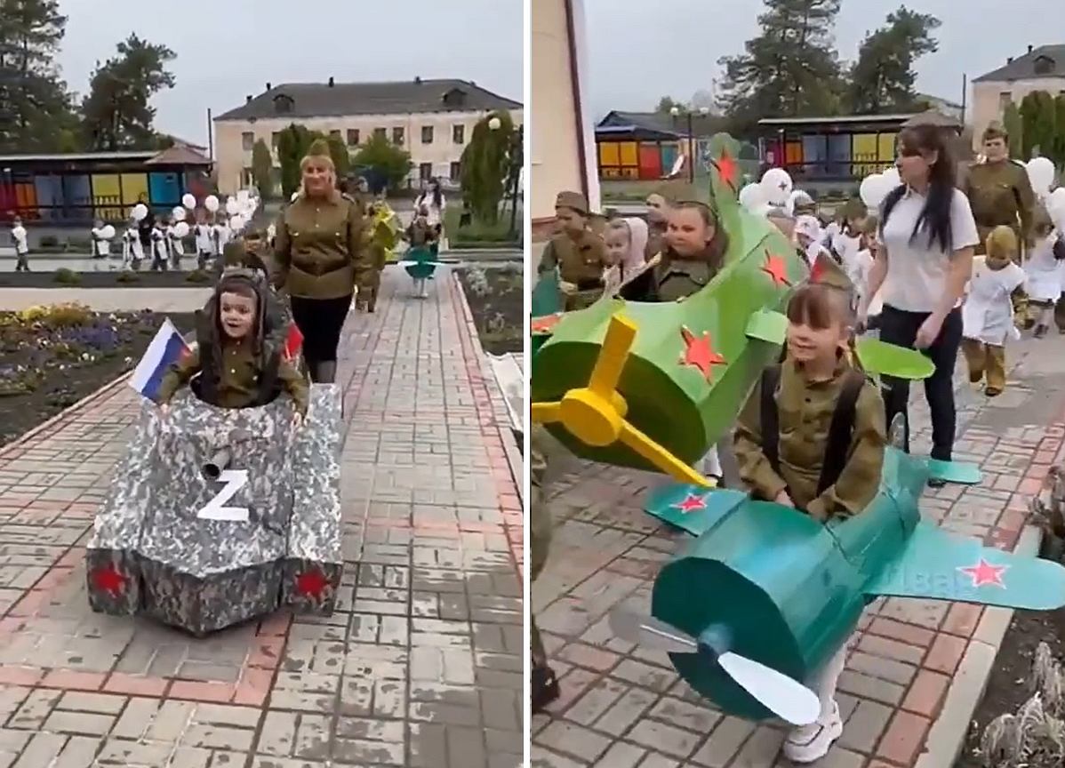 Russia - Victory Day.  Preschool children in cardboard lockers, with replicas of guns |  News from the world