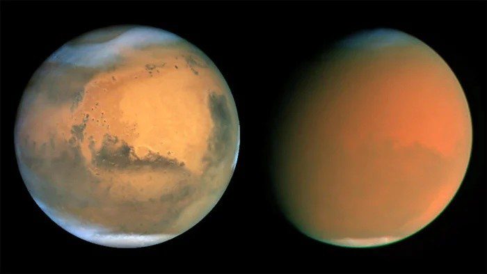 Mars shortly before the dust storm in June (left) and September 2001, when the storm lasted more than two months / NASA, James Bell (Cornell University), Michael Wolff (Space Science Institute), Hubble (STScI / AURA) / NASA