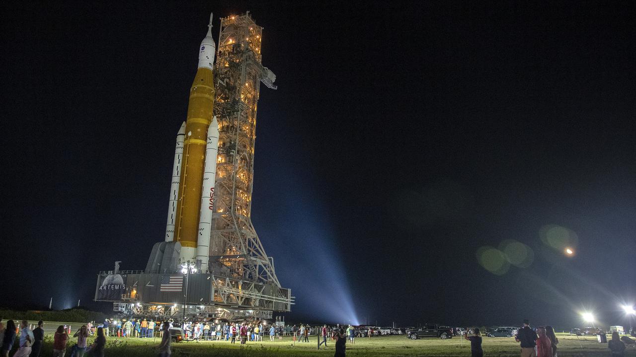 NASA's Artemis mission.  A giant rocket is ready to take off towards the moon.  There is a date
