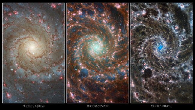 Images of Messier 74 from the Hubble Telescope and Webb Telescope and data from both observatories, Image: ESA/Webb, NASA, CSA, and J. Lee/HANGS-JWST Team/J. Schmidt