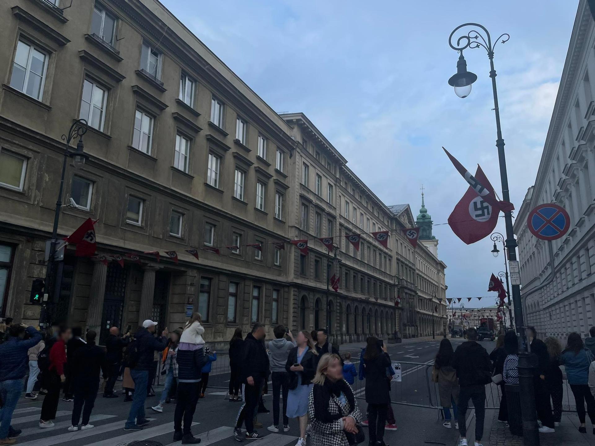 Nazi flags on Nowy Świat in Warsaw.  They are making a movie.  We know what!