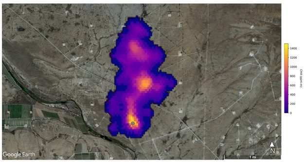 The methane plume is located to the southeast of Carlsbad, New Mexico.  / NASA