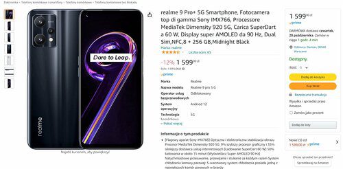 realme 9 Pro + 8/256 GB offer at Amazon.pl