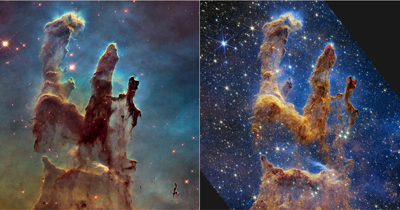 NASA pokazała najnowsze zdjęcia wykonane przez Teleskop Jamesa Webba. Widać na nich jeden z najsłynniejszych obiektów w kosmosie – Filary Stworzenia. To, według naukowców, miejsce narodzin gwiazd i układów planetarnych. Fotografię zestawiono ze starymi zdjęciami, wykonanymi jeszcze przez Teleskop Hubble’a. Różnica jest kolosalna.