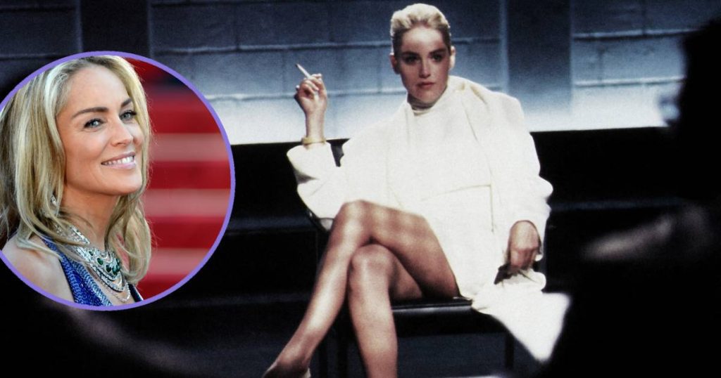 Sharon Stone recreated this scene from the movie Naked Instinct.  She wore mesh stockings